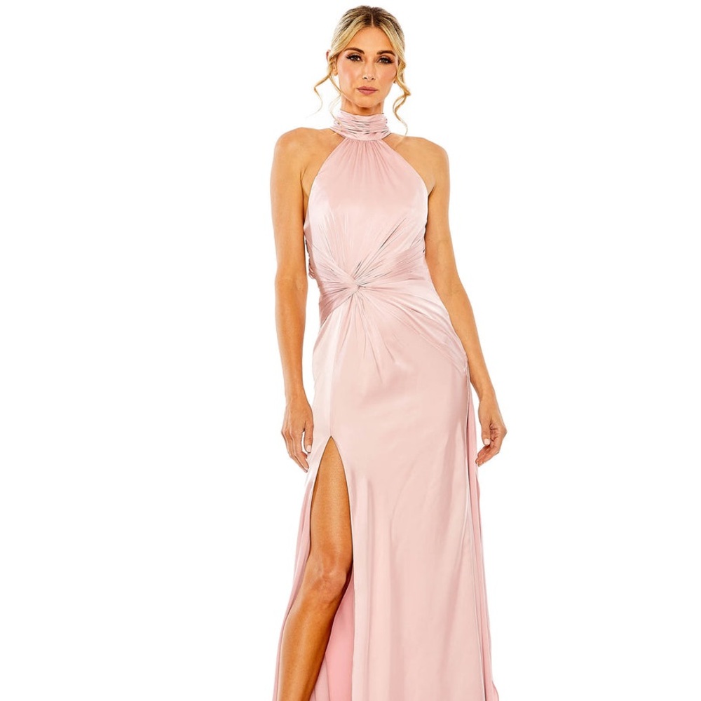 Ieena for Mac Duggal - Open Back High Neck Side Ruched Gown - Shell Pink -Size 8